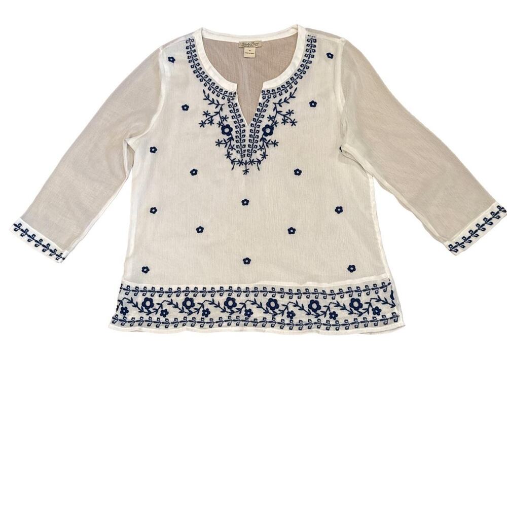 Lucky Brand White sheer V-neck Tunic top Womens Medium Embroidered ethereal boho